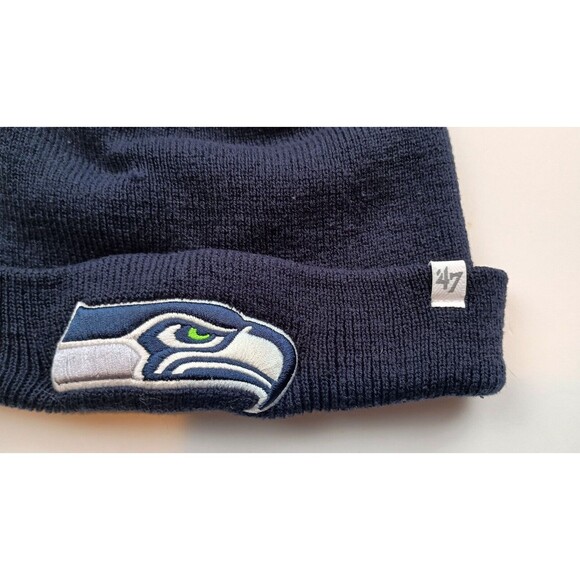 Authentic '47 Seattle Seahawks Basic Knit Dark Navy Raised Cuffed Beanie Hat - Picture 3 of 7
